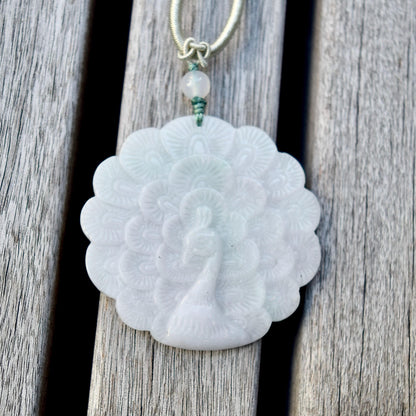 Jadeite Peacock Pendant Rope Necklace - 天然翡翠