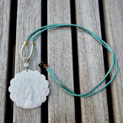 Jadeite Peacock Pendant Rope Necklace - 天然翡翠