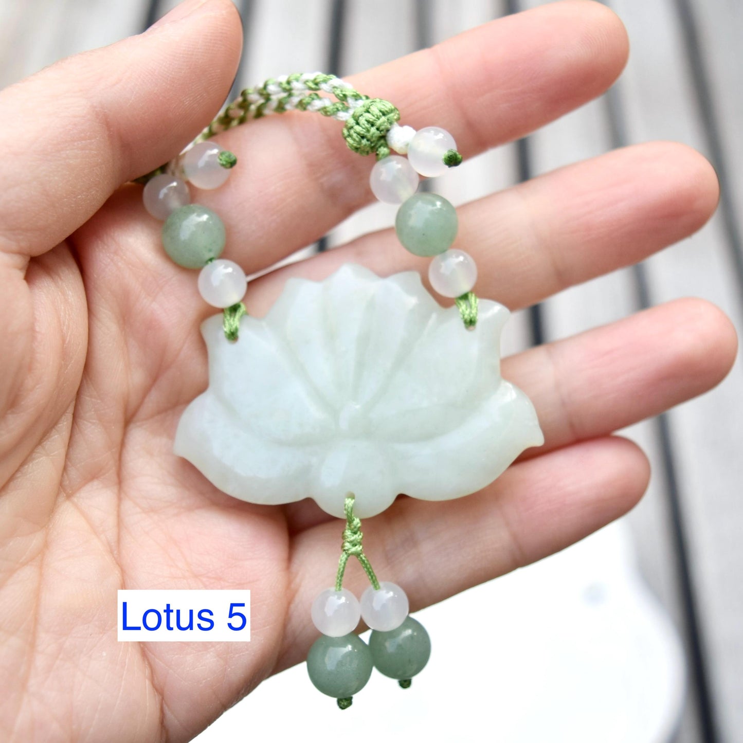 Green Jade Lotus Necklace - Serpentine Jade Adjustable RopeNecklace