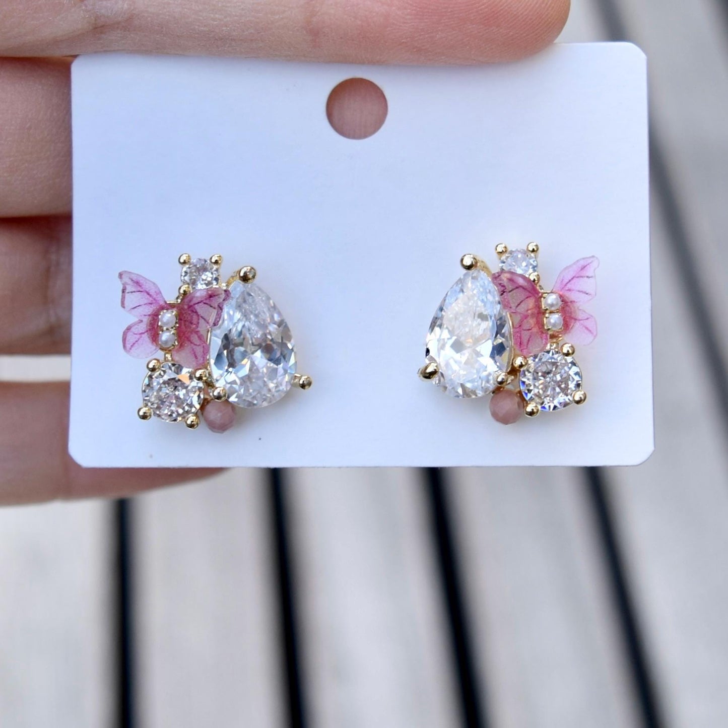 Pink Butterfly Crystal Teardrop Stud Earrings