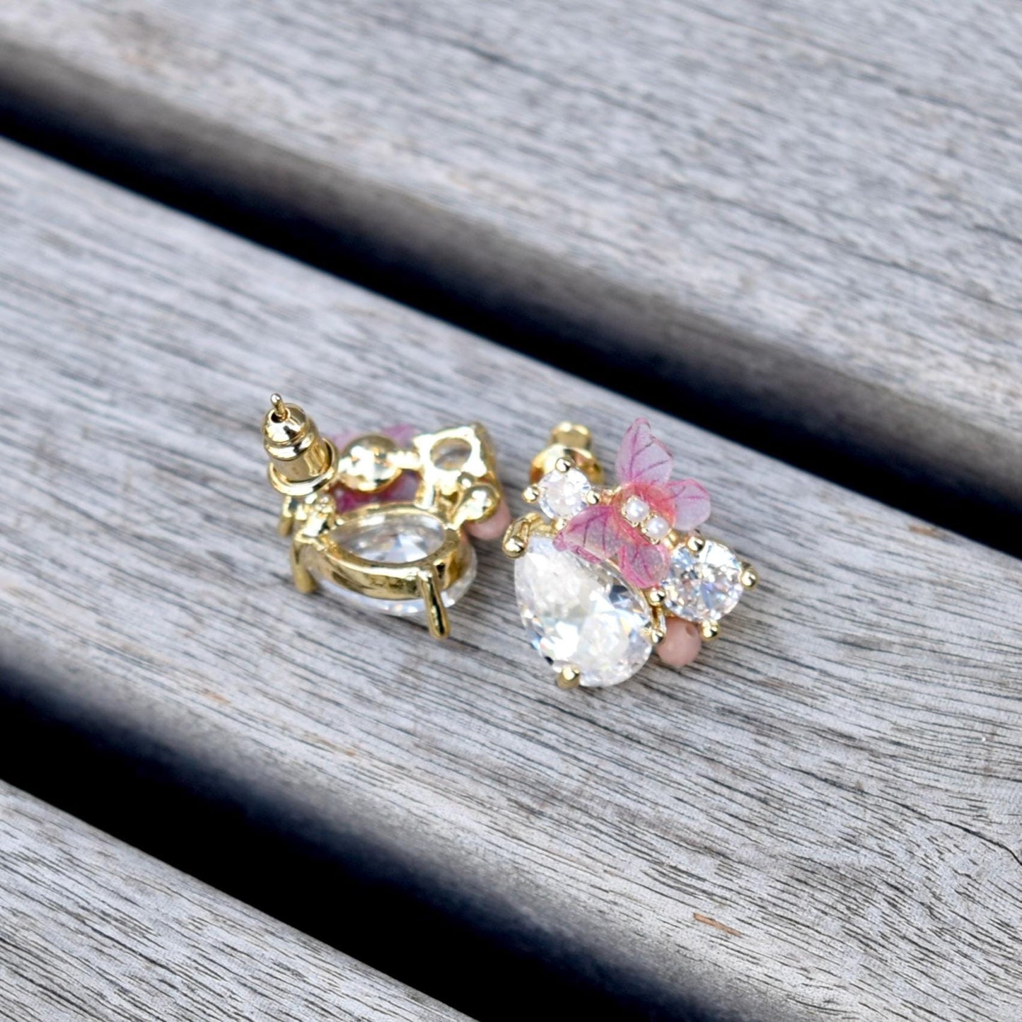 Pink Butterfly Crystal Teardrop Stud Earrings