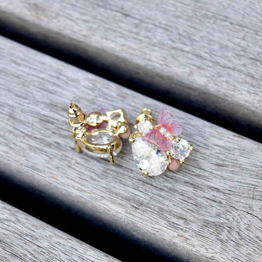 Pink Butterfly Crystal Teardrop Stud Earrings