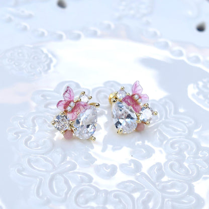 Pink Butterfly Crystal Teardrop Stud Earrings