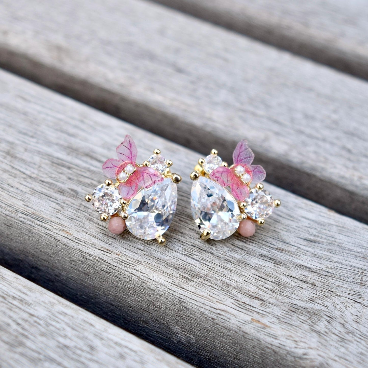 Pink Butterfly Crystal Teardrop Stud Earrings