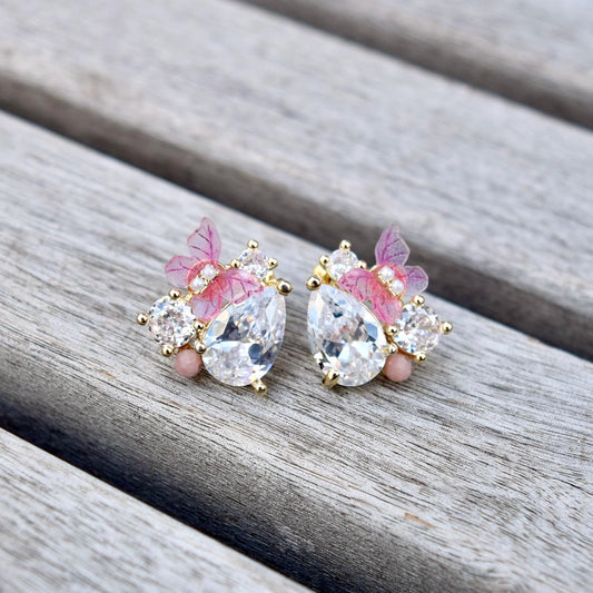 Pink Butterfly Crystal Teardrop Stud Earrings