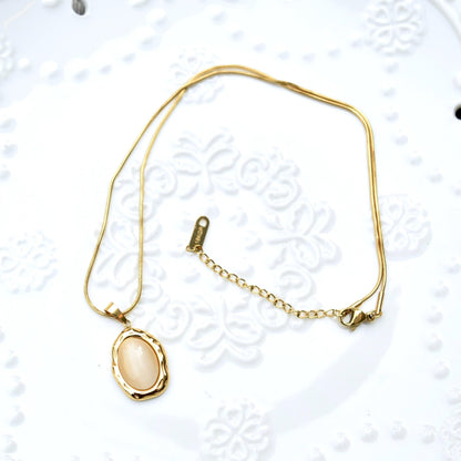 White Cat Eye Charm Necklace - Planet Fortune Bamboo - Stainless Steel