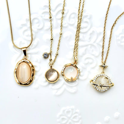 White Cat Eye Charm Necklace - Planet Fortune Bamboo - Stainless Steel