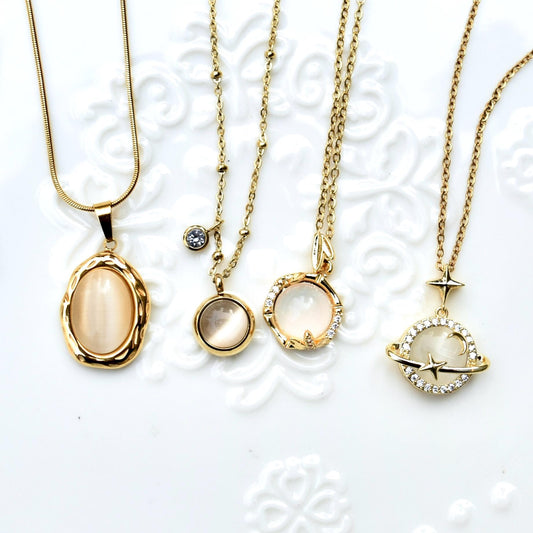 White Cat Eye Charm Necklace - Planet Fortune Bamboo - Stainless Steel