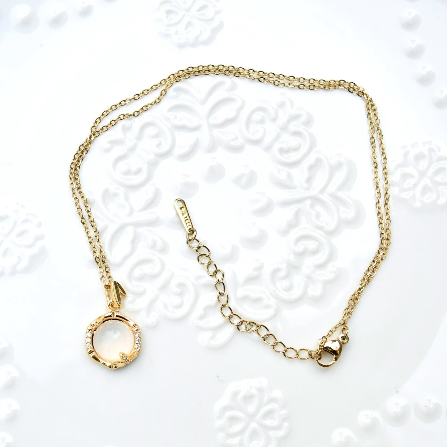 White Cat Eye Charm Necklace - Planet Fortune Bamboo - Stainless Steel