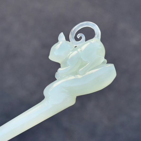 Green Icy Carved Cat Hairpin - Serpentine Jade Hair Stick