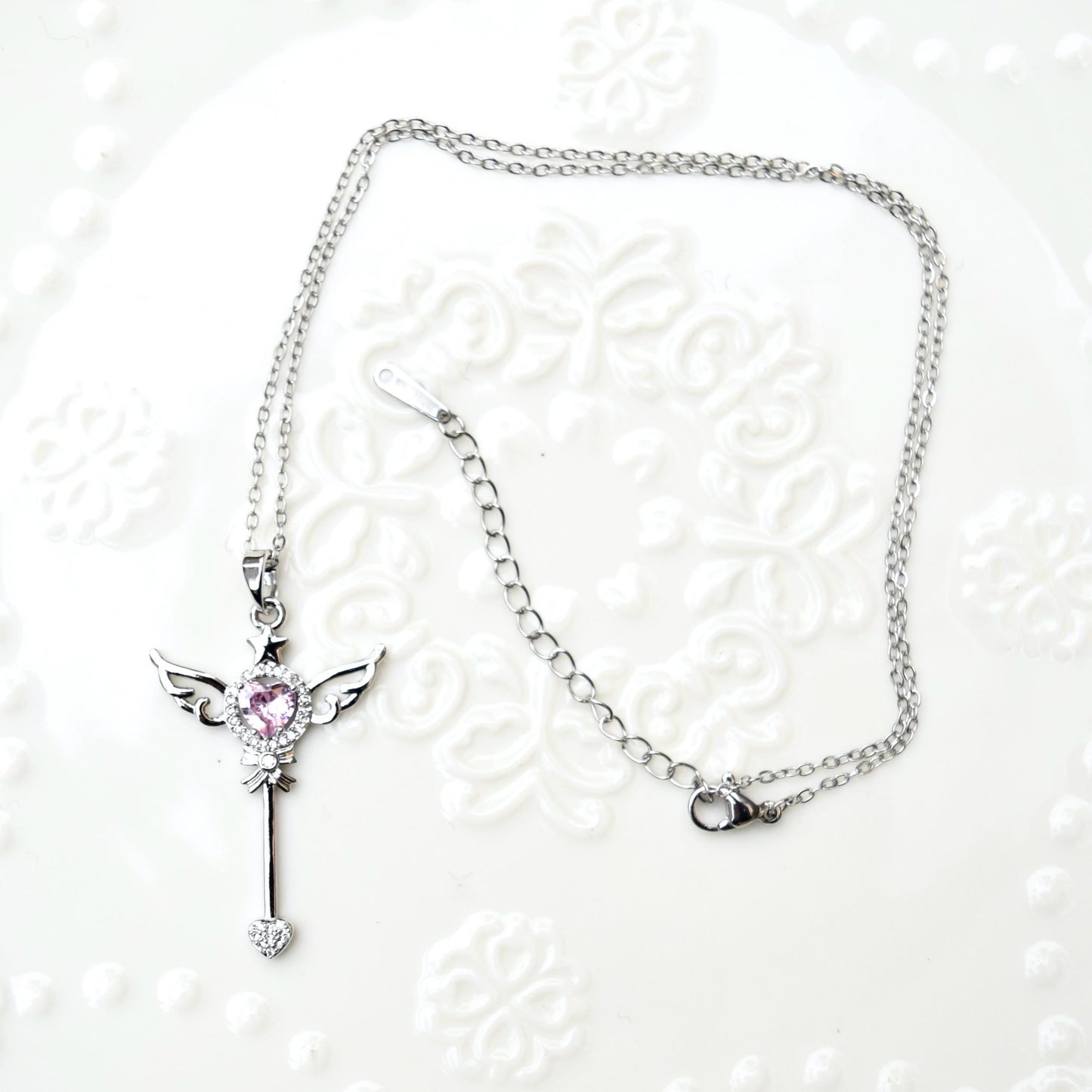 Diamond Angel Wings Charm Necklace - Cubic Zirconia Stainless Steel Necklace