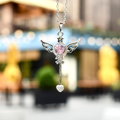Diamond Angel Wings Charm Necklace - Cubic Zirconia Stainless Steel Necklace