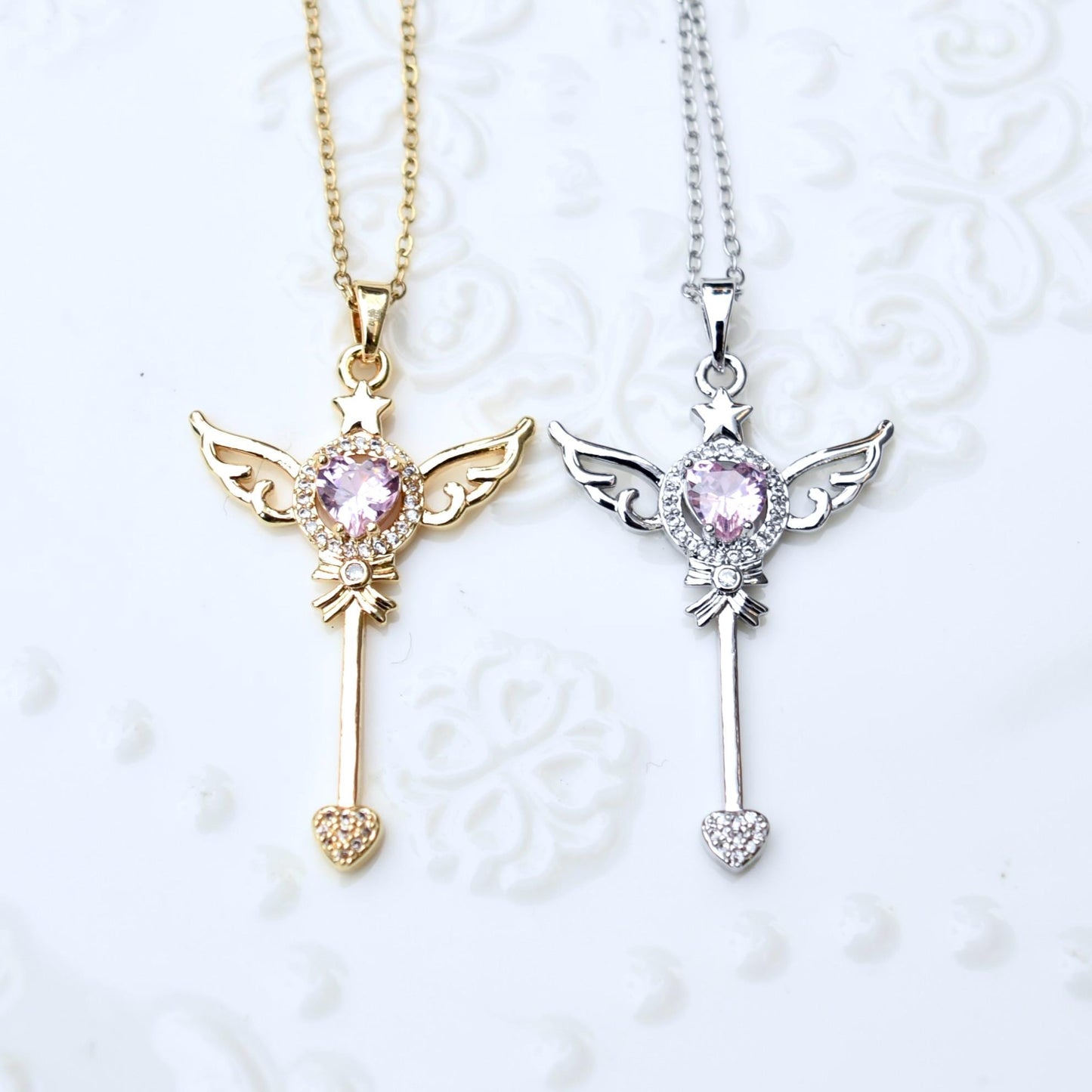 Diamond Angel Wings Charm Necklace - Cubic Zirconia Stainless Steel Necklace