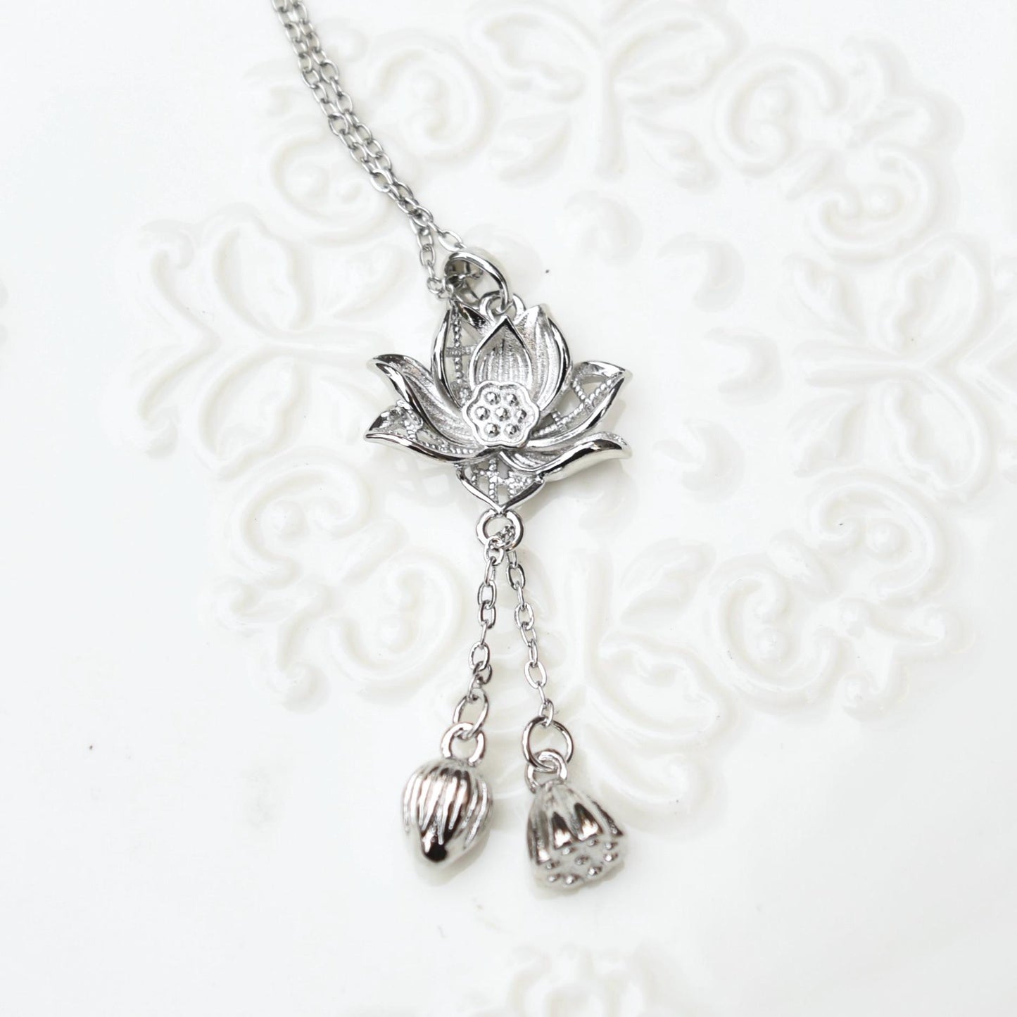 Golden Silver Lotus Charm Necklace - Stainless Steel