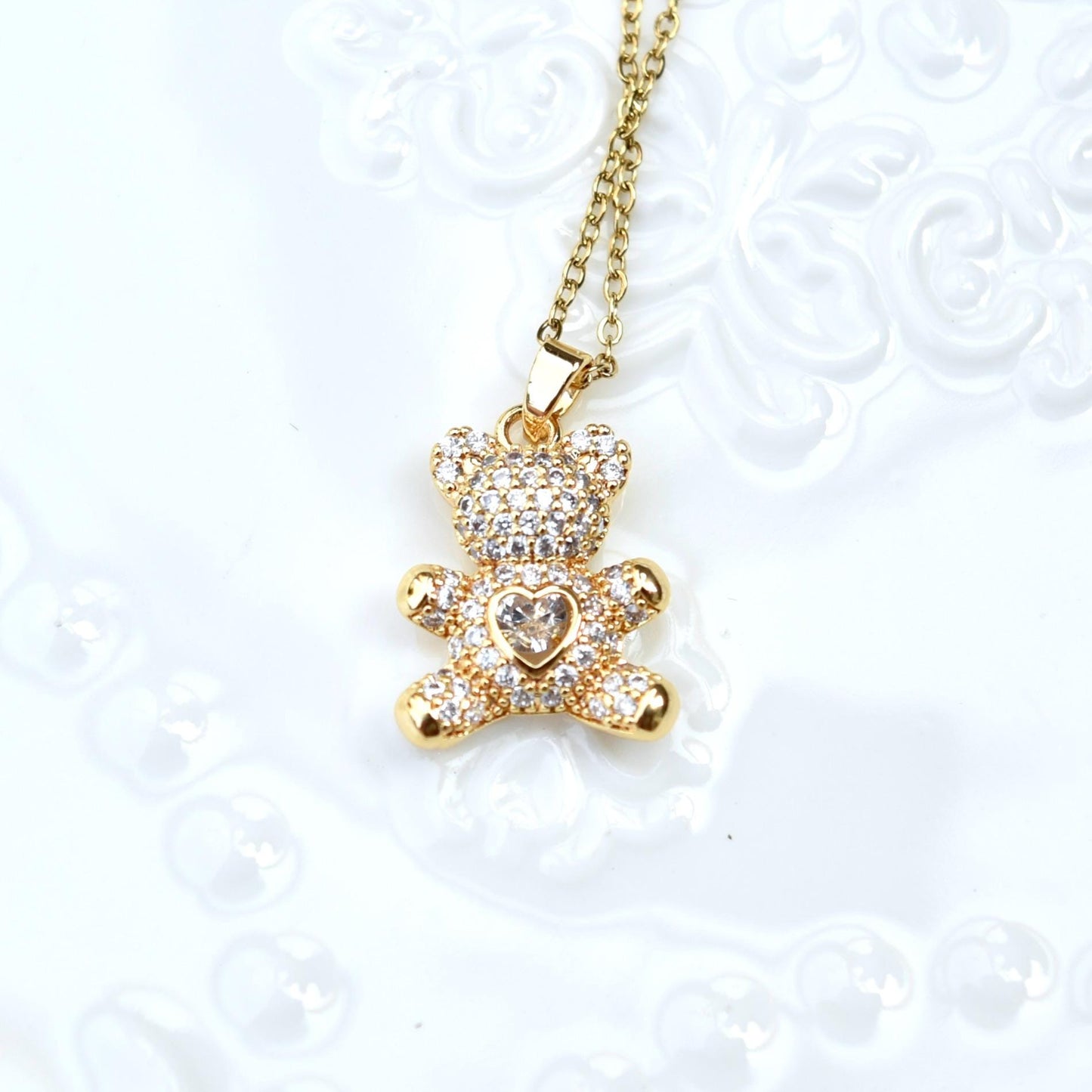 Diamond Bear Pendant Necklace - Cubic Zirconia Stainless Steel Necklace