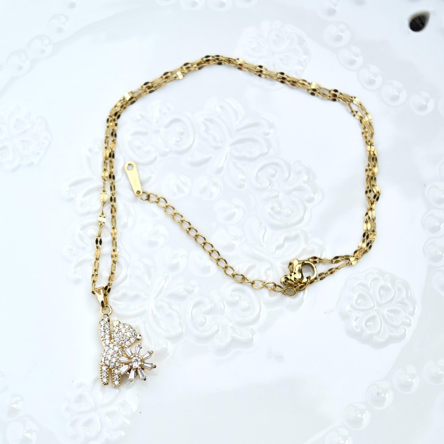 Diamond Bear Pendant Necklace - Cubic Zirconia Stainless Steel Necklace