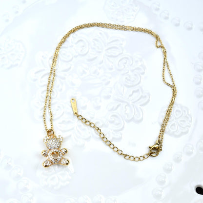 Diamond Bear Pendant Necklace - Cubic Zirconia Stainless Steel Necklace