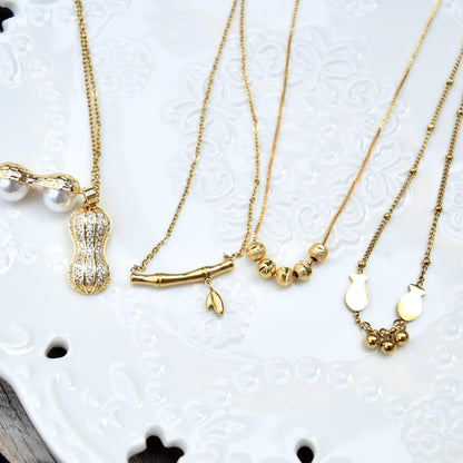 Pea Bamboo Fish Chinese Golden Charm Necklace - Stainless Steel