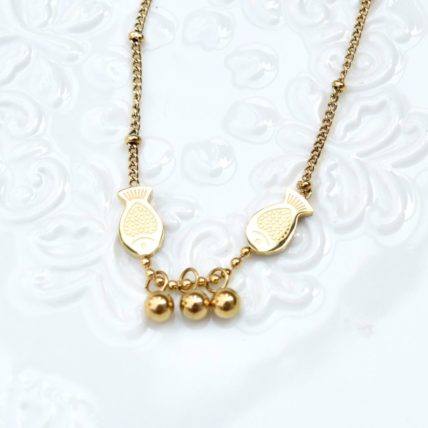 Pea Bamboo Fish Chinese Golden Charm Necklace - Stainless Steel