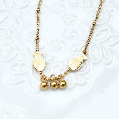 Pea Bamboo Fish Chinese Golden Charm Necklace - Stainless Steel