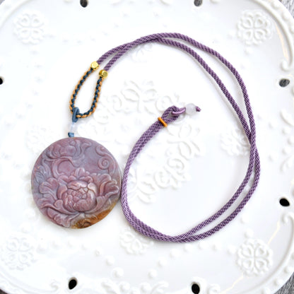 Ocean Agate Peony Pendant Rope Necklace - Green