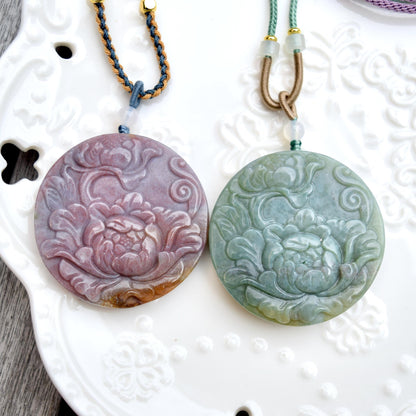 Ocean Agate Peony Pendant Rope Necklace - Green