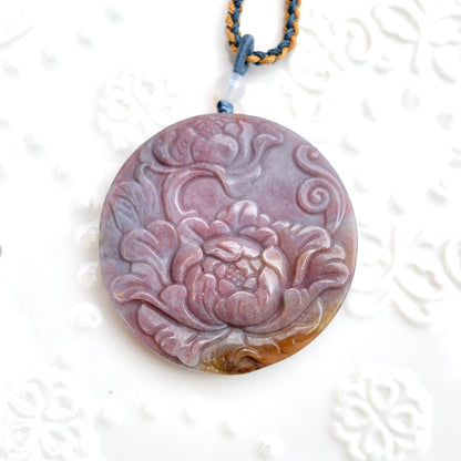 Ocean Agate Peony Pendant Rope Necklace - Green