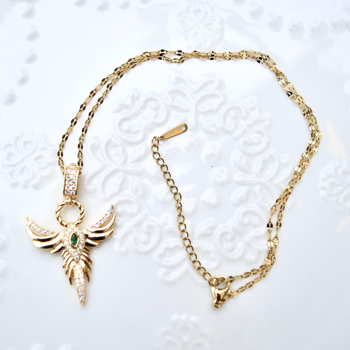 Crystal Angel Rose Charm Necklace - Cubic Zirconia Stainless Steel Necklace