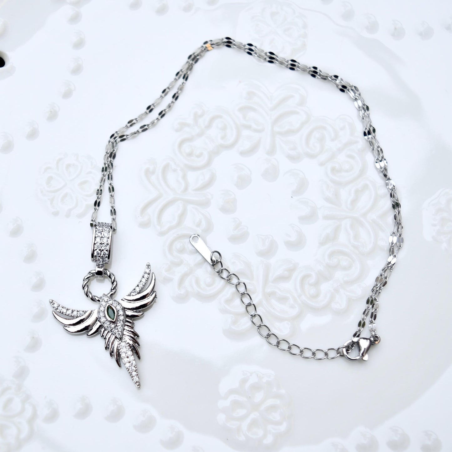 Crystal Angel Rose Charm Necklace - Cubic Zirconia Stainless Steel Necklace