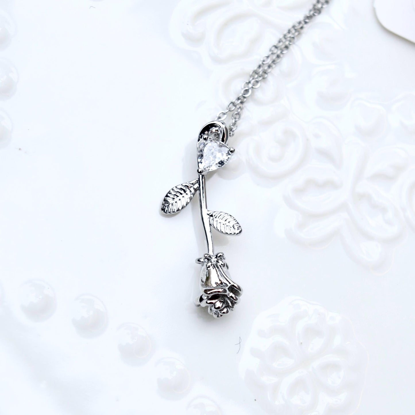 Crystal Angel Rose Charm Necklace - Cubic Zirconia Stainless Steel Necklace