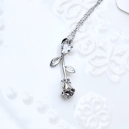 Crystal Angel Rose Charm Necklace - Cubic Zirconia Stainless Steel Necklace