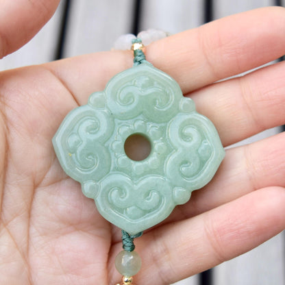 Ruyi Square Pendant Necklace - Green Aventurine Clear Quartz Beaded
