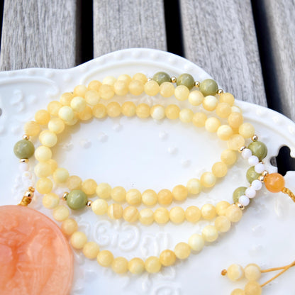 Orange Quartz Jade Pendant Necklace - Ruyi Charm - Long Beaded Necklace