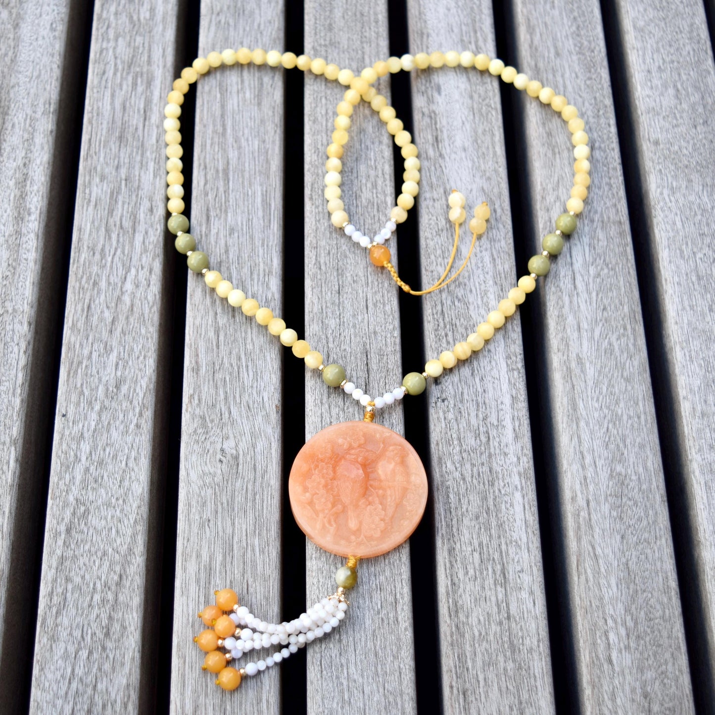 Orange Quartz Jade Pendant Necklace - Ruyi Charm - Long Beaded Necklace