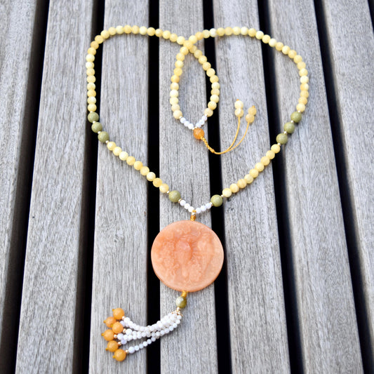 Orange Quartz Jade Pendant Necklace - Ruyi Charm - Long Beaded Necklace