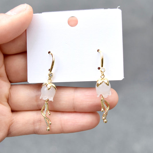 White Lily of the Valley Earrings - Jade Style Dangle Earrings