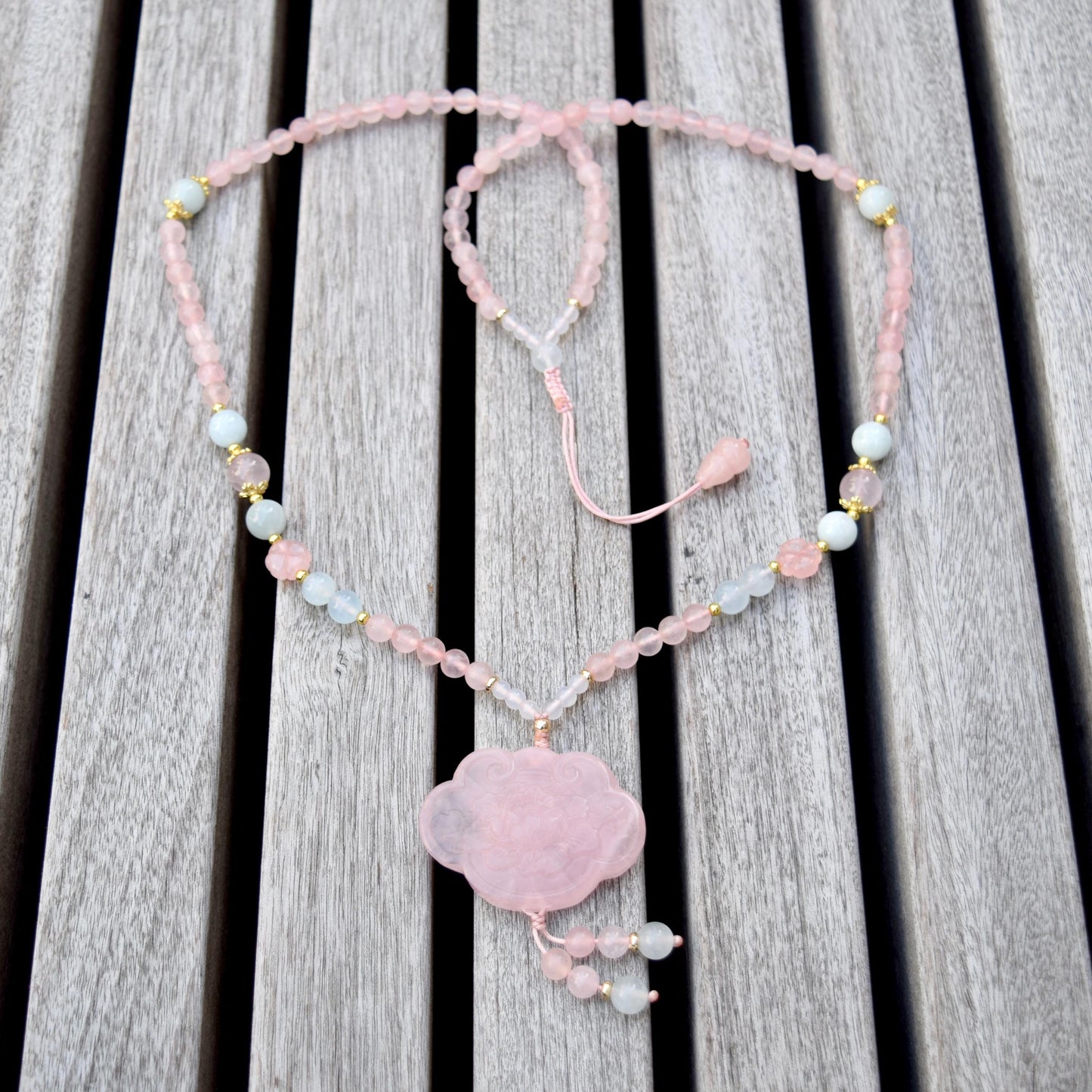 Rose Quartz Peony Necklace - Aquamarine Quartz Beaded