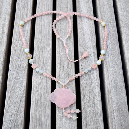 Rose Quartz Peony Necklace - Aquamarine Quartz Beaded