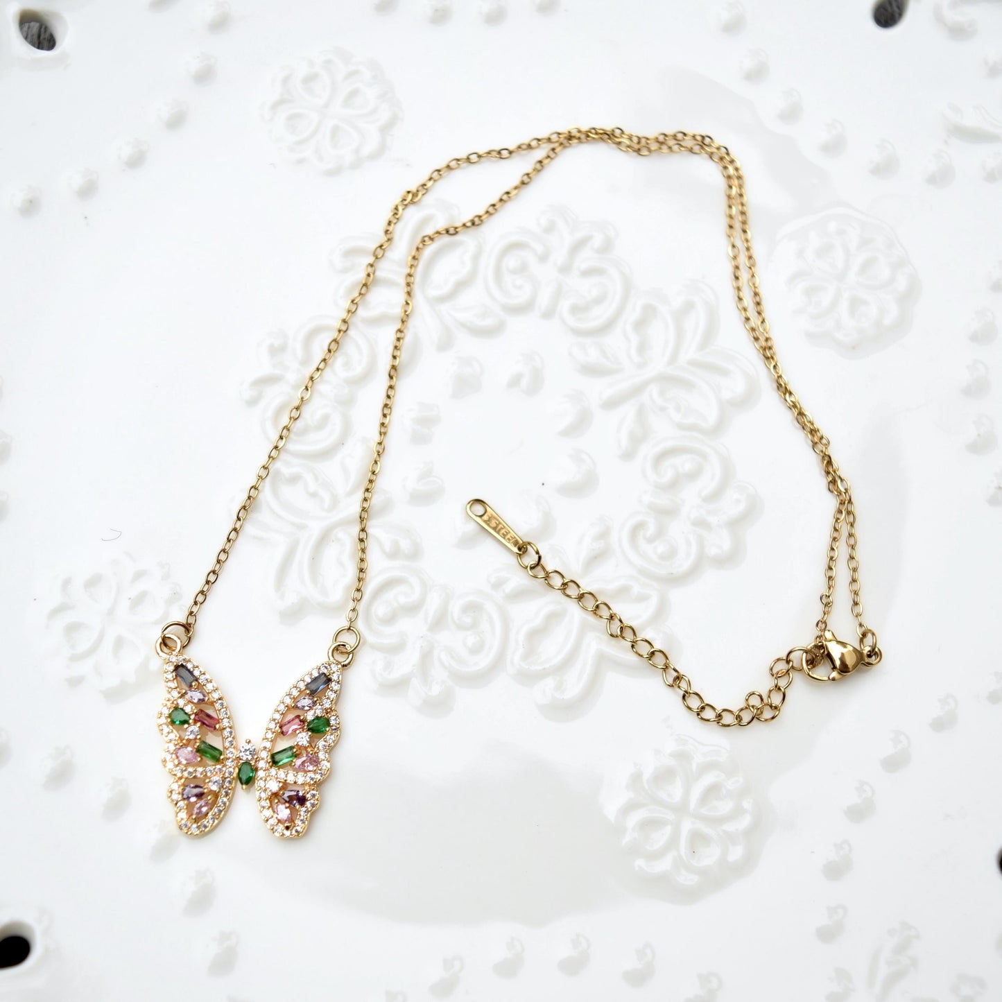 Crystal Butterfly Rose Necklace - Stainless Steel Necklace