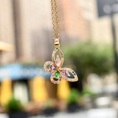 Crystal Butterfly Rose Necklace - Stainless Steel Necklace