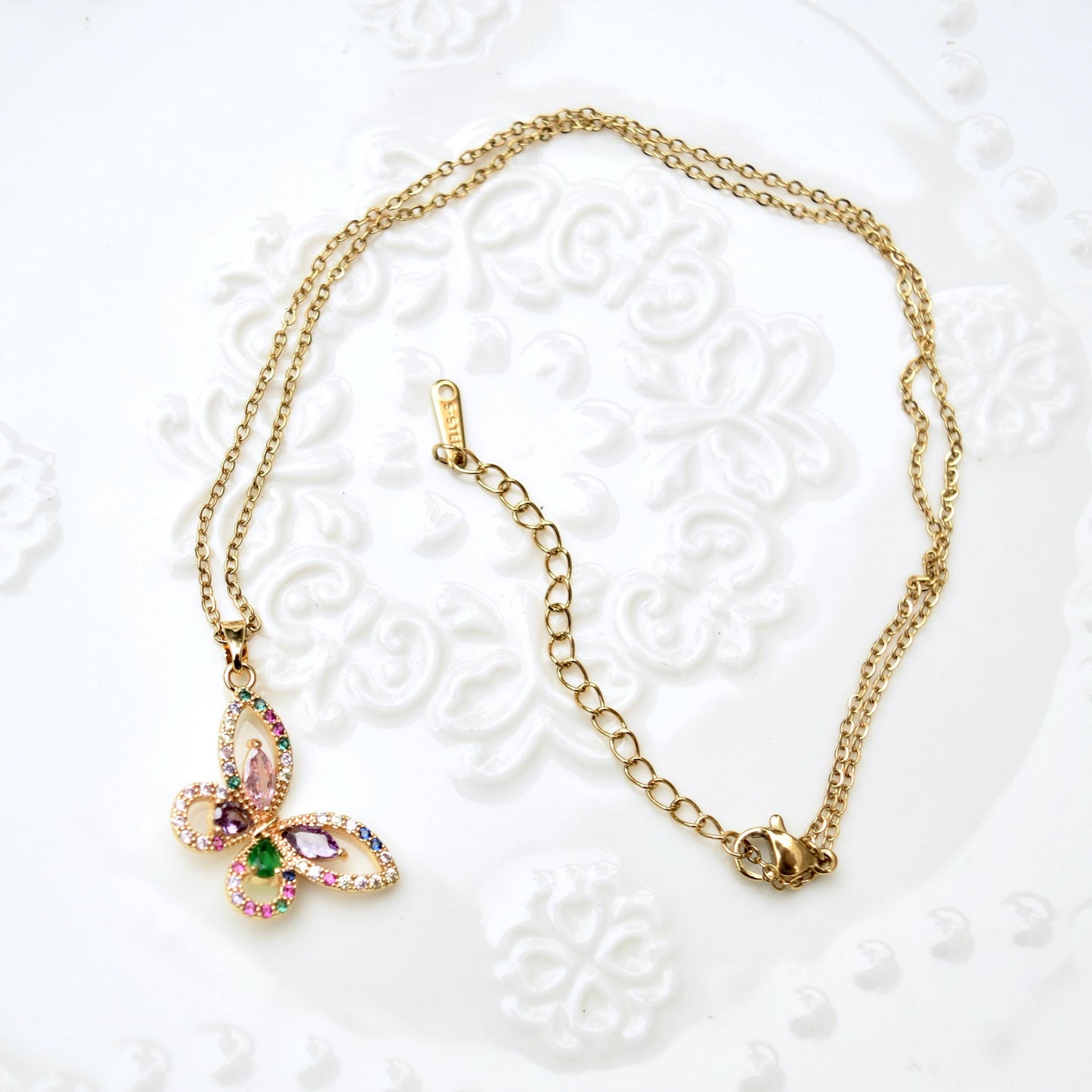 Crystal Butterfly Rose Necklace - Stainless Steel Necklace