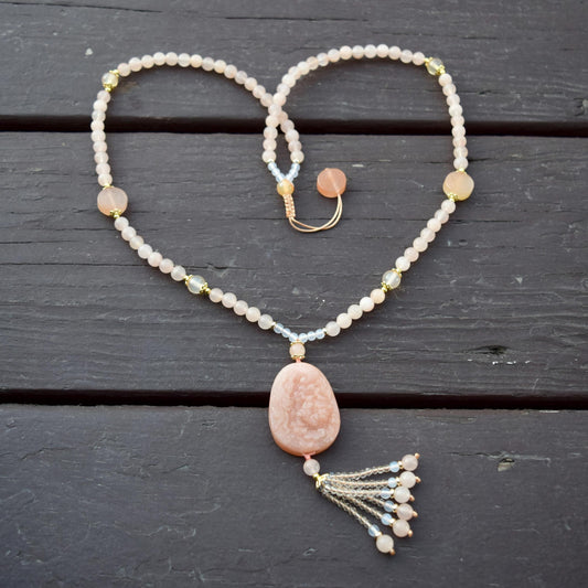 Butterfly Peony Pendant Jade Necklace - Orange Quartz Agate Beaded