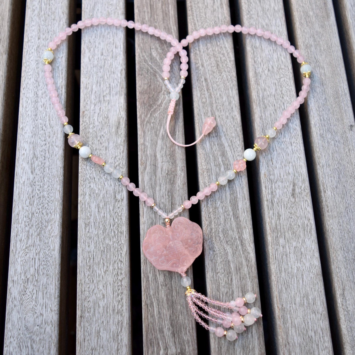 Rose Quartz Flora Ruyi Lock Necklace - Aquamarine Quartz Beaded