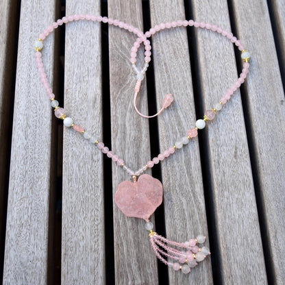 Rose Quartz Flora Ruyi Lock Necklace - Aquamarine Quartz Beaded