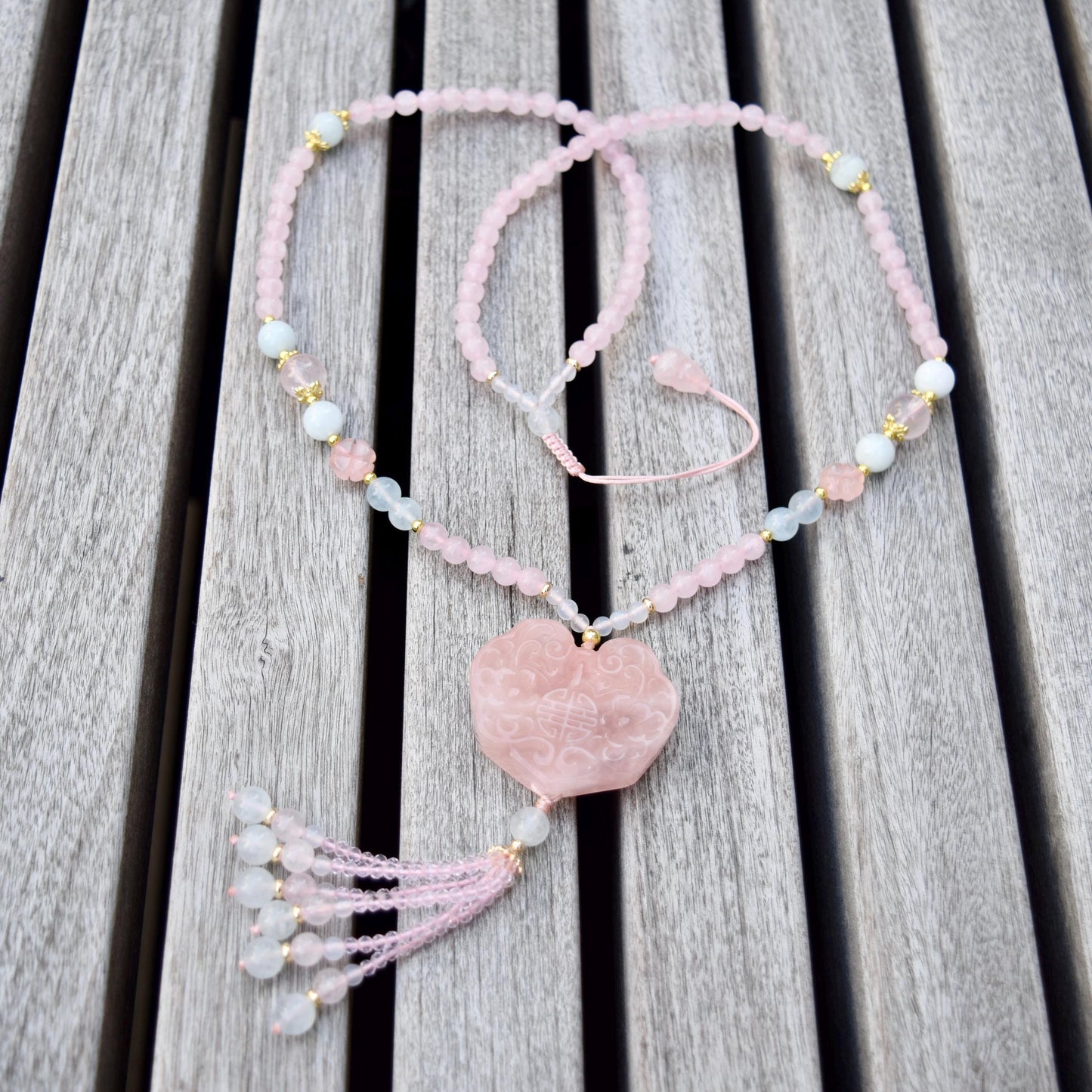 Rose Quartz Flora Ruyi Lock Necklace - Aquamarine Quartz Beaded