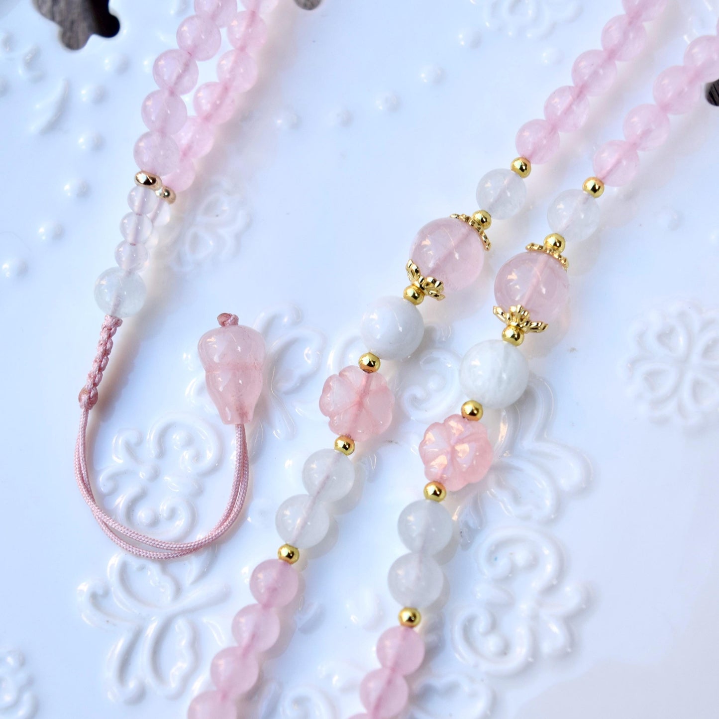 Rose Quartz Flora Ruyi Lock Necklace - Aquamarine Quartz Beaded
