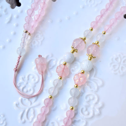 Rose Quartz Flora Ruyi Lock Necklace - Aquamarine Quartz Beaded