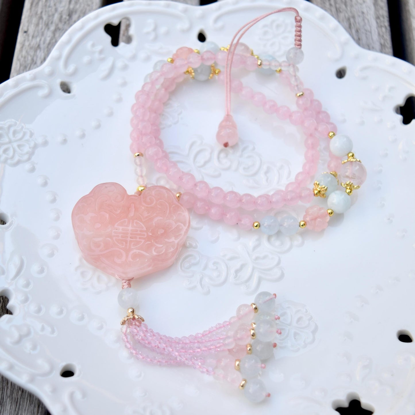 Rose Quartz Flora Ruyi Lock Necklace - Aquamarine Quartz Beaded