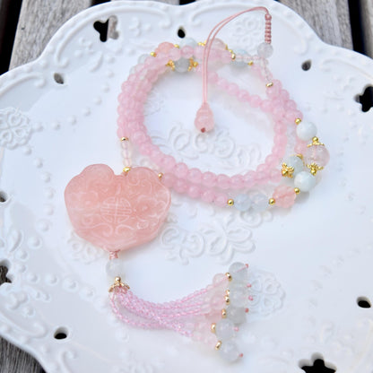 Rose Quartz Flora Ruyi Lock Necklace - Aquamarine Quartz Beaded