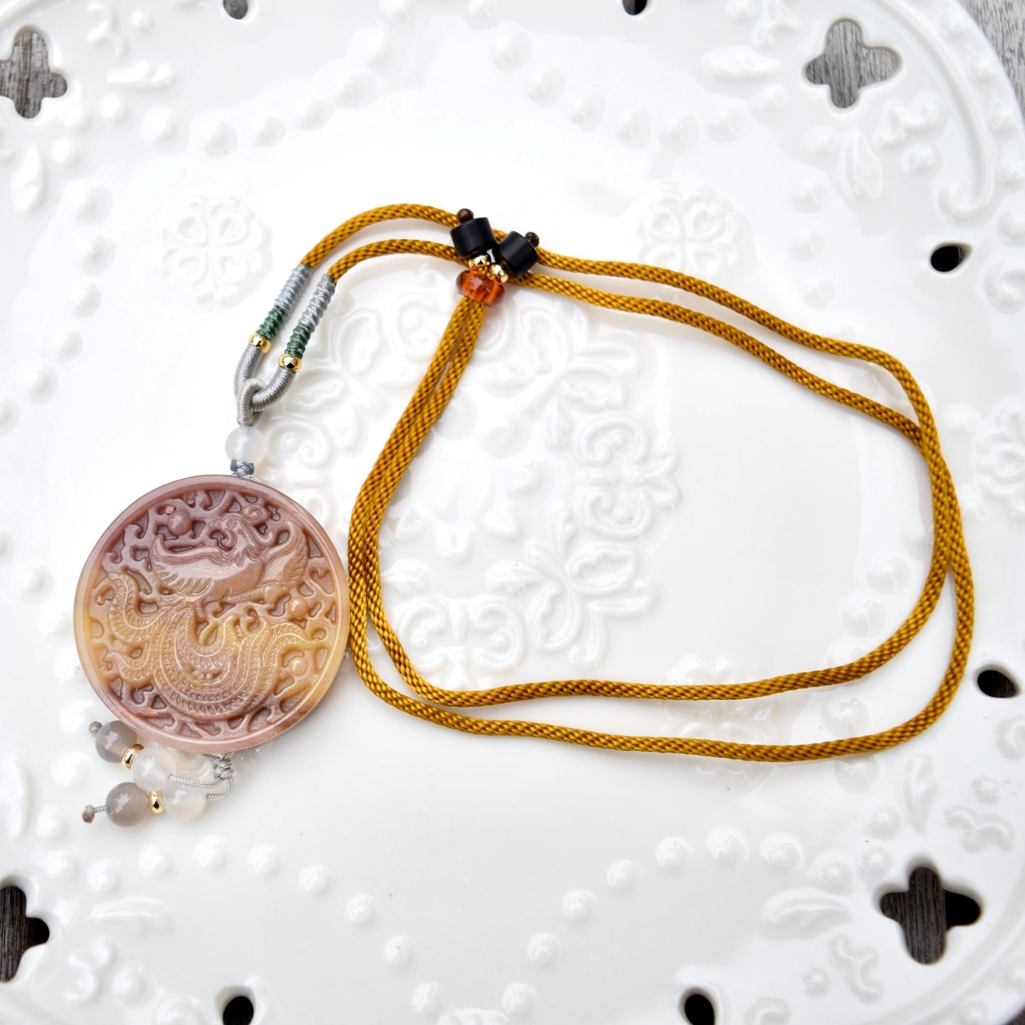 Purple Yellow Jade Pendant Rope Necklace - Phoenix